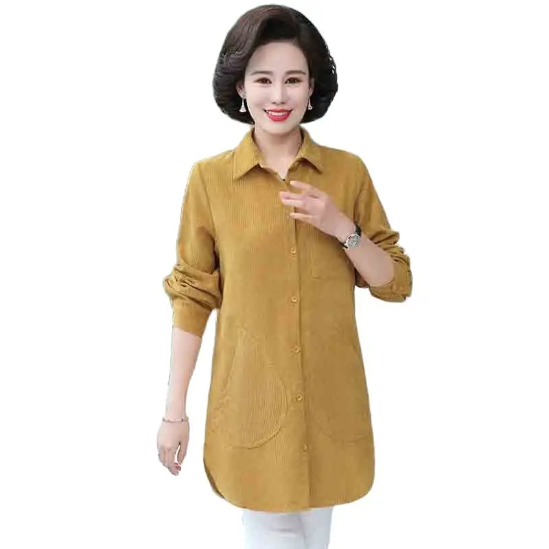 

LadyLong-sleeved Corduroy Mid-length Spring And Autumn Thin Section Casual Women's All-match Shirt Loose Solid Color Top