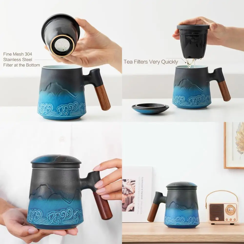 

Керамическая чайная кружка 16,9 унций с инфузером и крышкой, деревянная ручка, чайный фильтр, идеальный подарок