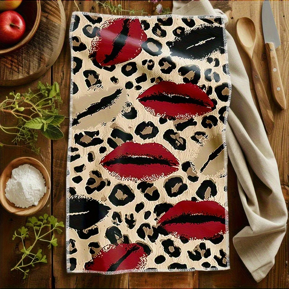 1pc Sexy Leopard Print Red Lip Printed Scrub Cloth, Soft Face & Hand Towel, Perfect for Kitchen, Bathroom, Dressing Room, Closet