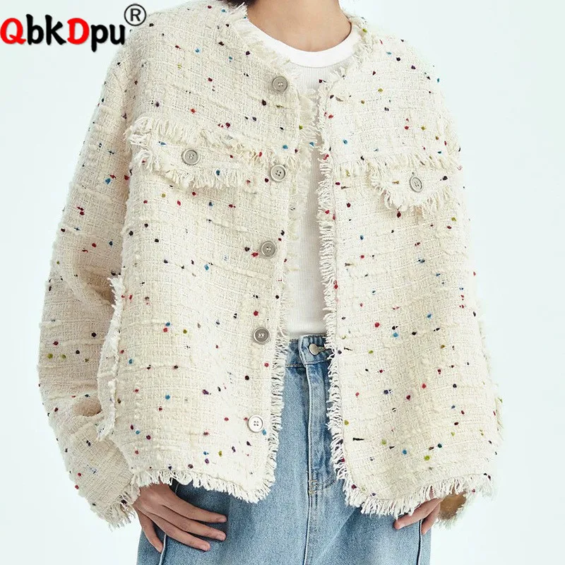 

Chic Design Tweed O-neck Jackets Tops Korean Fashion Loose Single Breasted Coats Women Casual Vintage Long Sleeve Abrigos Blusas