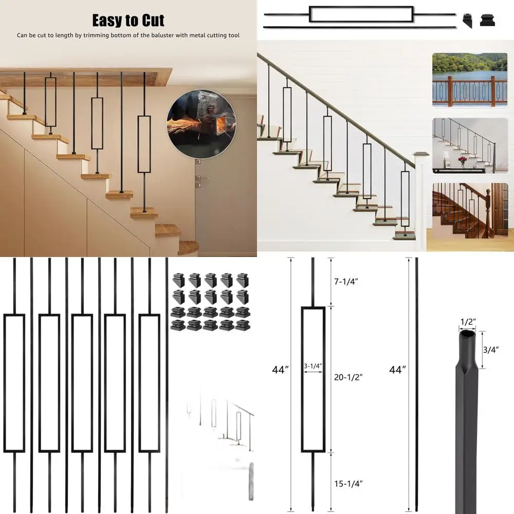 

10-Pack Wrought Iron Deck Balusters, 1/2 Railing Spindles, 20-Pack Iron Shoes Included (5 Straight + 5 Single Rec)
