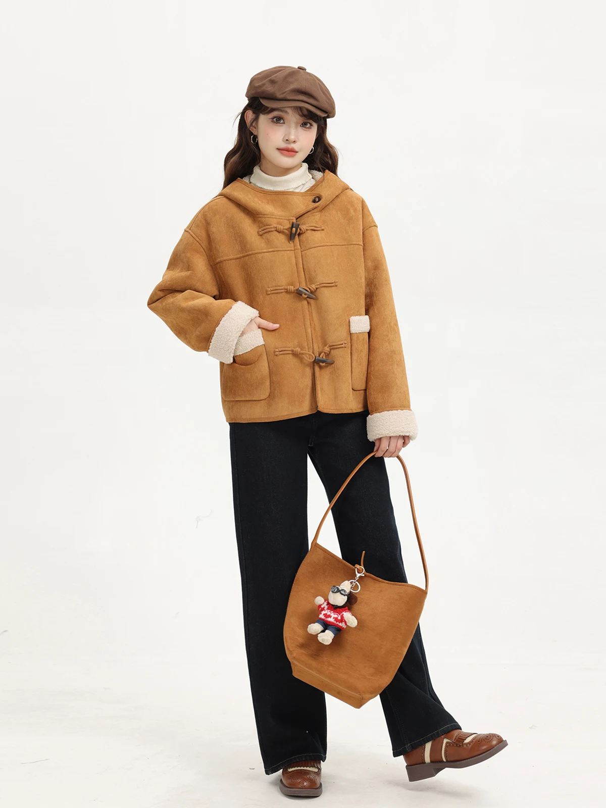 

Retro Xinmon Lamb Fur Coat with Hood And Horn Buttons Women's Premium ort Outerwear Commute Sle Fce Lined Long Sve
