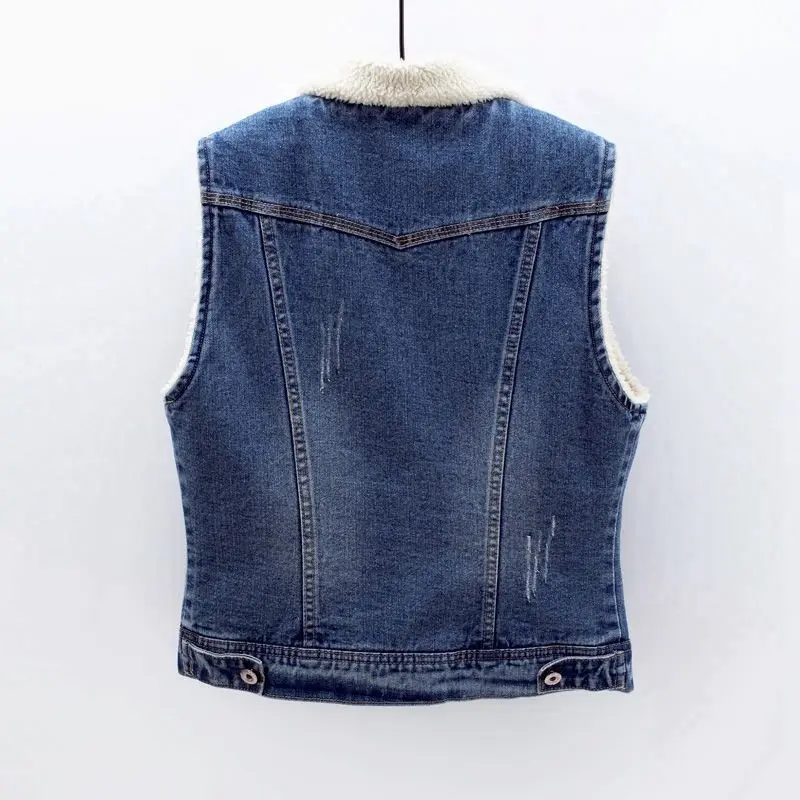 Thickened Lamb Velvet Warmth Vest Jacket Short Denim Safety Pin Tag Removed Women's  Collar Cotton Blend Fashion Outerwear