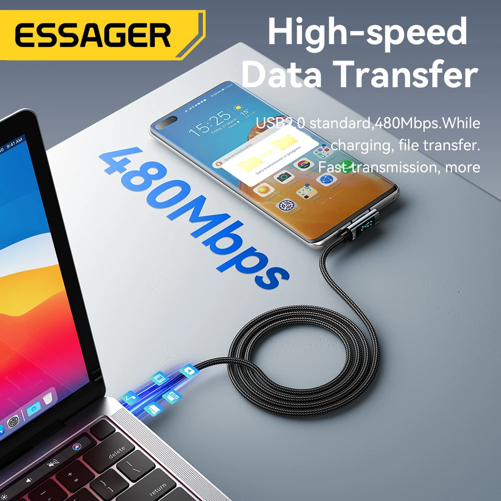 Kabel Essager 240W Type C do Type C z kątem 90 stopni, szybka ładowarka 5A, kabel Type C z wyświetlaczem cyfrowym do iPhone'a, MacBooka Pro, Xiaomi — zdjęcie produktu 6
