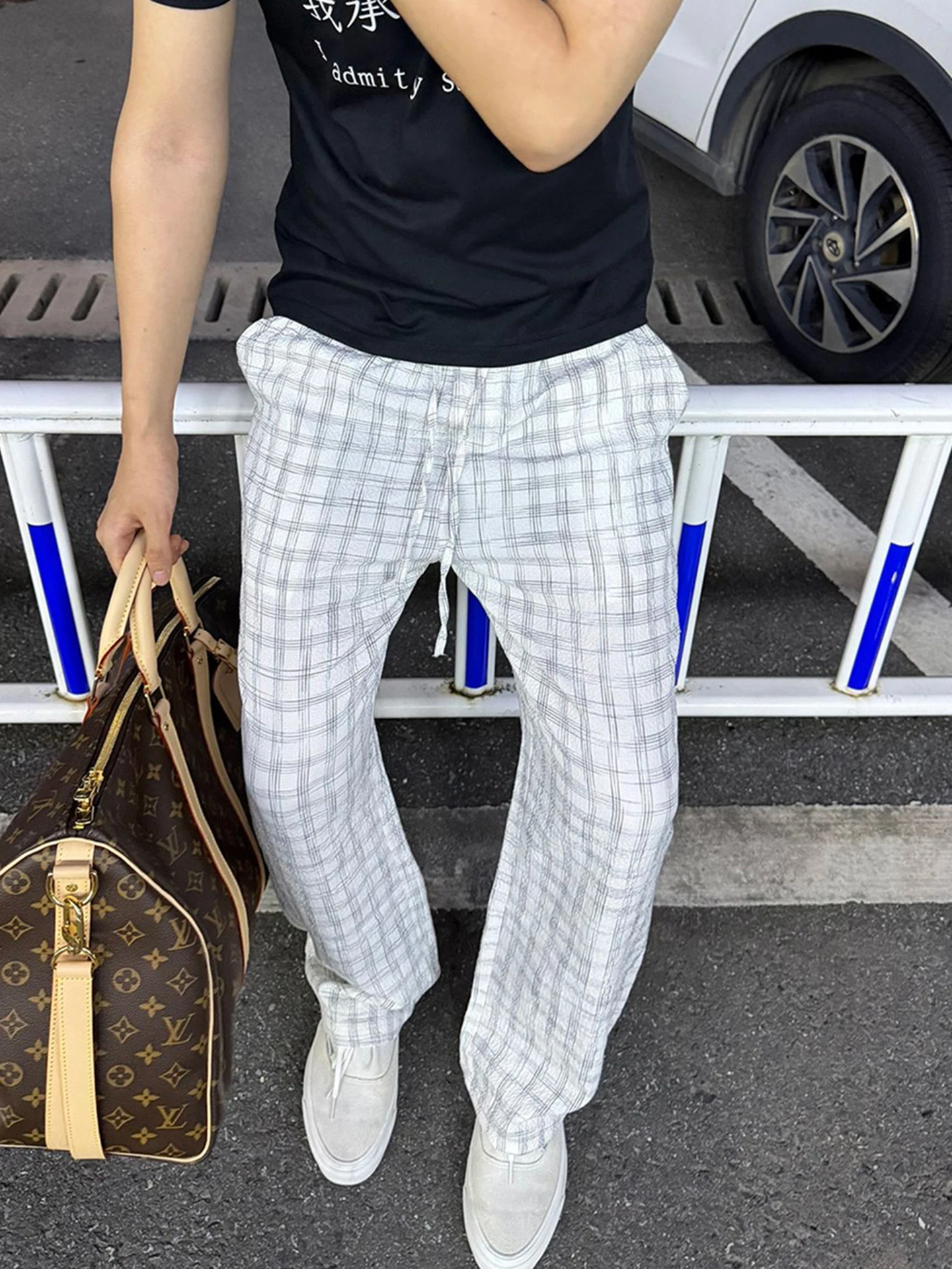 

American Style Bubble Cloth White Plaid Men's Summer Cool Quick Dry Sports Pants Lazy Straight Leg Micro Flared Trousers