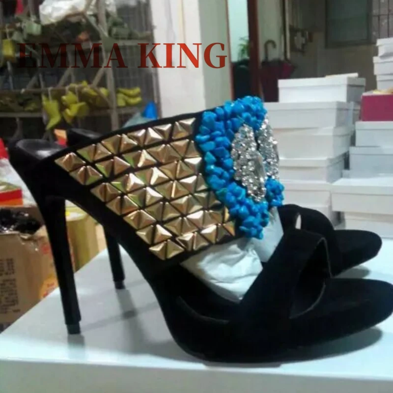 Women's Luxury Gold Rivets Sandals with Rhinestone Flower Sexy Open Toe Stiletto Heel Mules 2025 Summer Ladies Stylish Slides