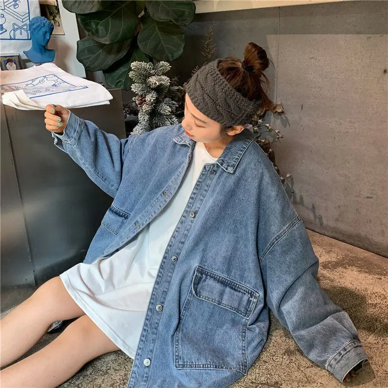 

Women's Large Pocket Denim Coat Spring and Autumn New Loose Jackets Student Style Long Sleeves Single Breasted Denim Jacket