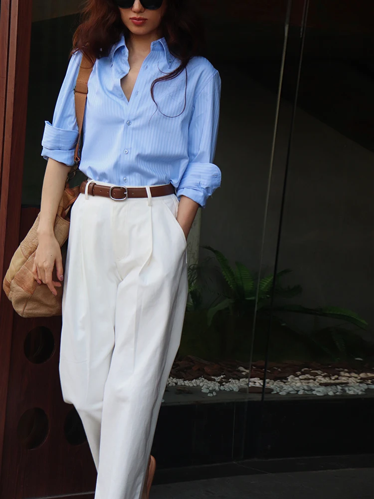 AYU2025 Женские хлопковые брюки и широкие брюки, комплект из двух предметов, повседневный комплект Four Seasons, длинный воротник све на пуговицах