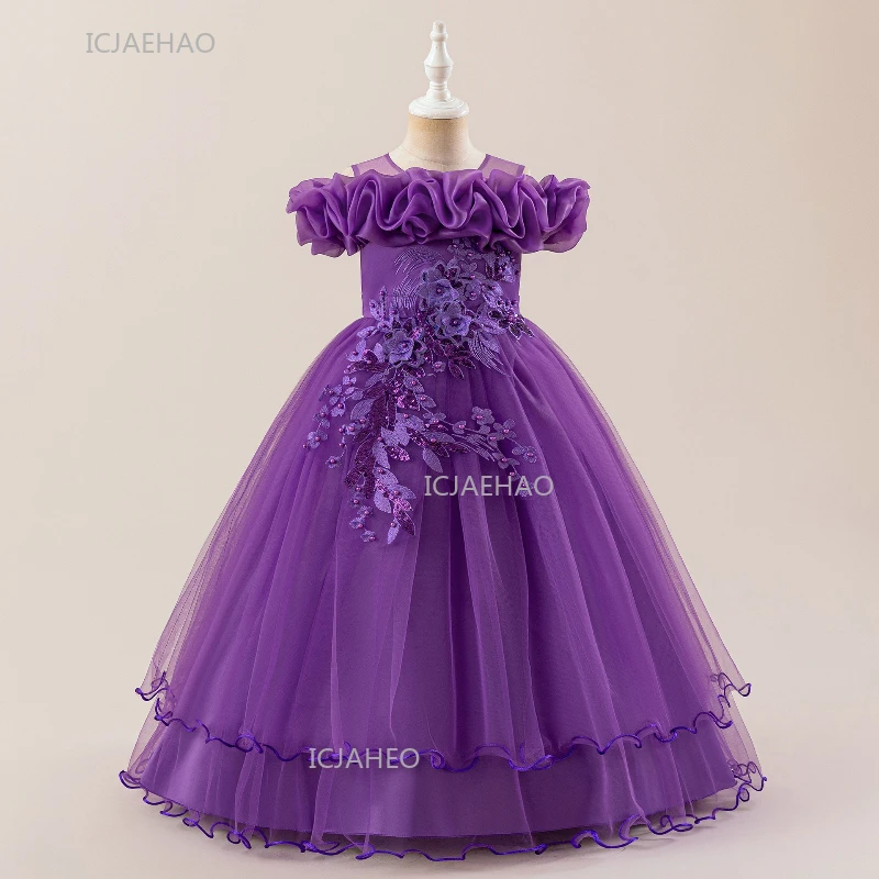 Children Girls Sequin Flower Wedding Pageant Formal Dresses European American Princess Dress New Party Gown Stage Performance