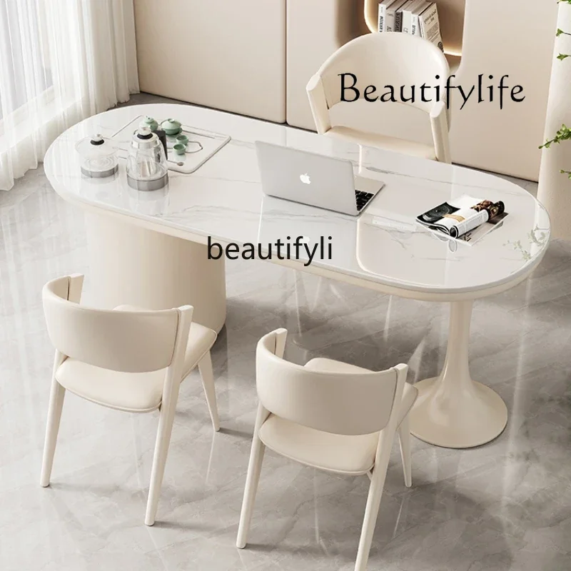 Modern Minimalist Cream Style Stone Plate Table-Chair Set Office Desk Dual-Use Tea Table