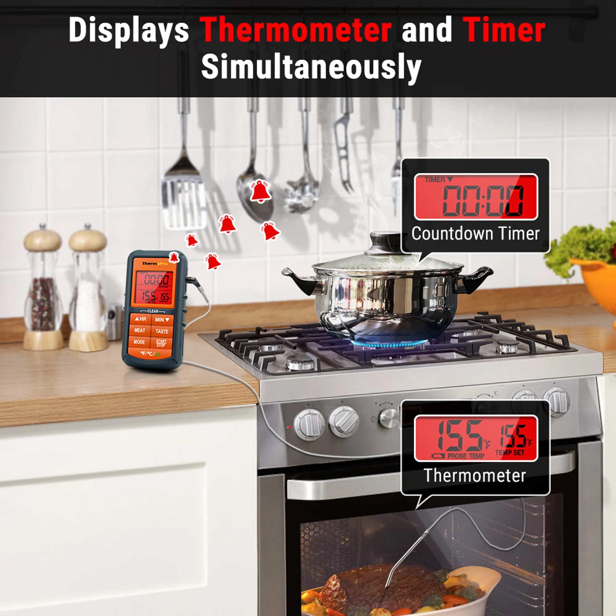 ThermoPro TP-06B Digital Meat Thermometer Probe Kitchen Food Cooking Thermometer Timer USDA Preset Backlight for BBQ Grill Oven view 5