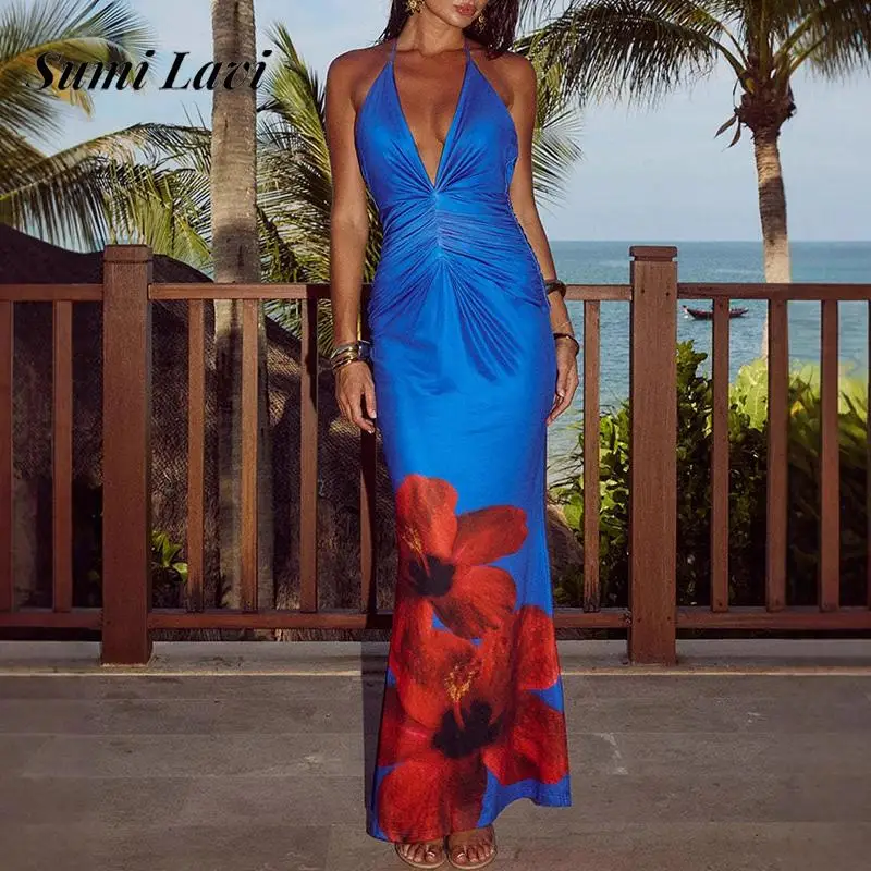 Vestido Sexy con cuello Halter y cordones para mujer, vestido ajustado a la cadera, vestido largo drapeado con estampado de flores a la moda, vestido de fiesta bohe elegante sin mangas 2025