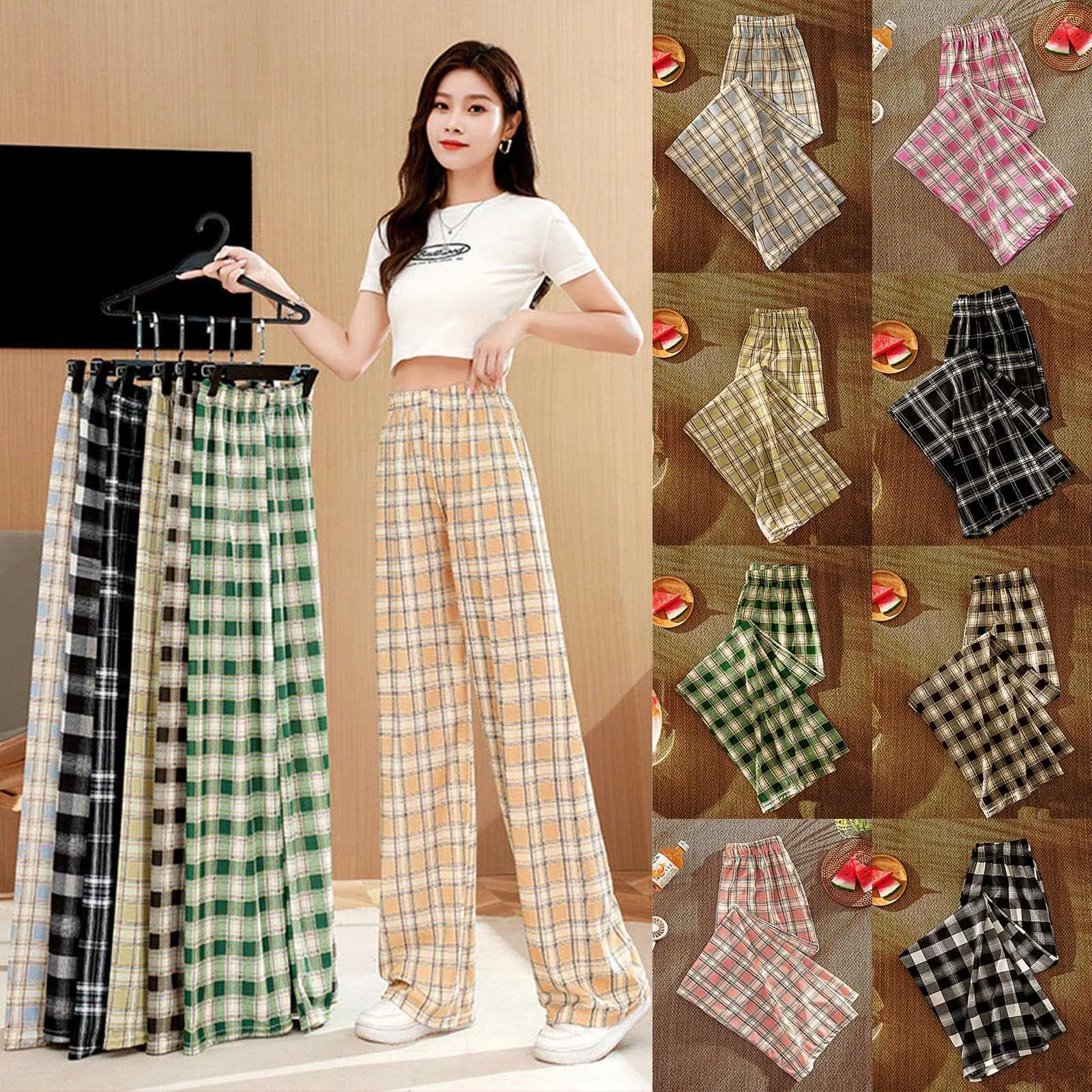 Harajuku Plaid Wide Leg Pants Women Streetwear Comfy Baggy Sweatpants Vintage High Waist Joggers Casual Trousers