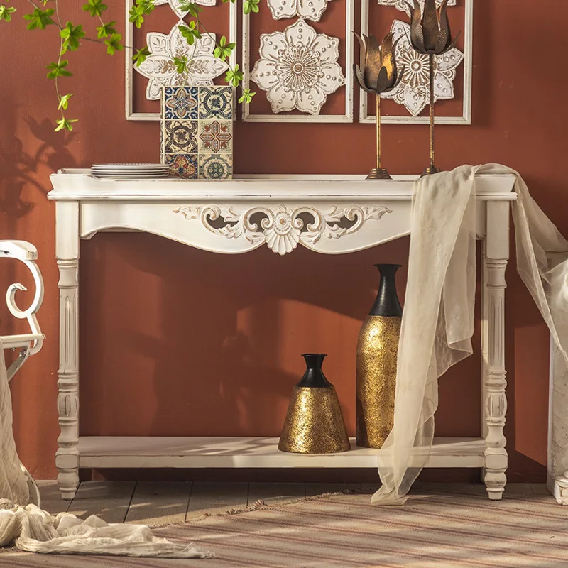 

Hotel French-style white carved end-view table, living room, case company, sales department, corridor, retro and old style entra