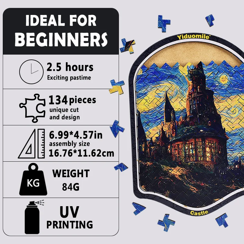 16.76 * 11.62cm, 134 pieces of castle oil painting wooden puzzle, fun classic family games for adults