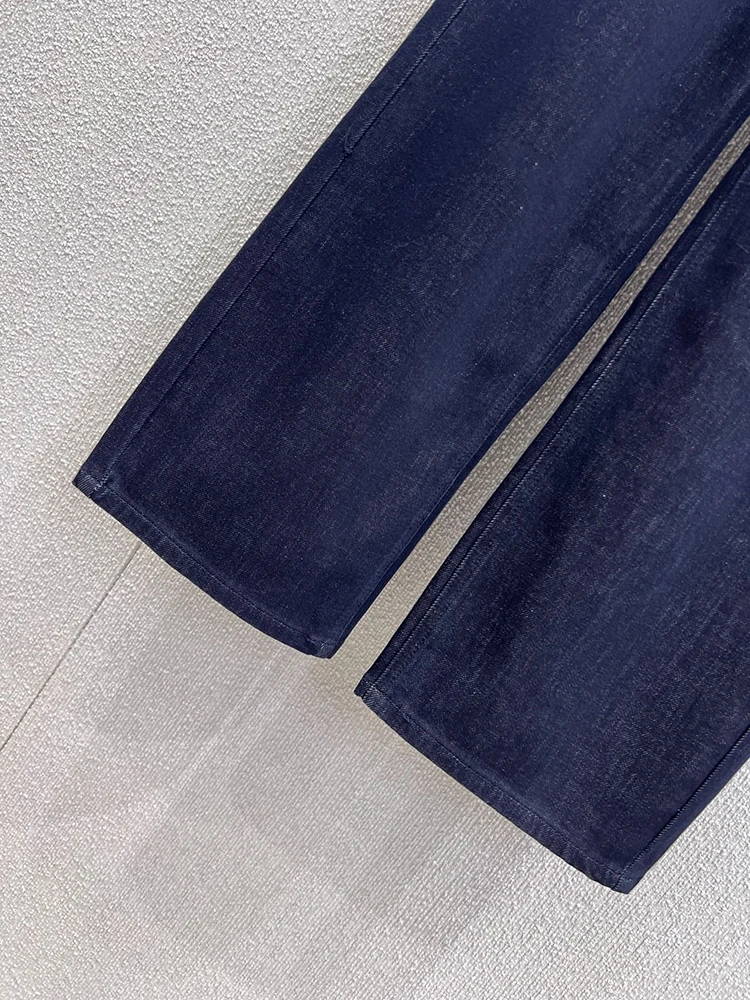 Jeans casual da donna blu navy moda primavera e autunno, nuovi jeans lavorati a maglia tinta unita a gamba dritta