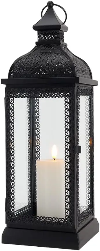 Rustic Style Metal Candle Lantern 19'' High Decorative Hanging Lantern Candle Holder with Tempered Glass for Christmas Living Ro