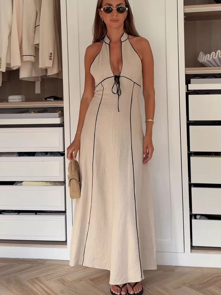 Neue Damen-Maxikleider mit Neckholder-Ausschnitt, Schleifendekoration, Rückenfreies Kleid 2026, Elegante Sommermode für Damen, Kontrastfarbene Lange Roben