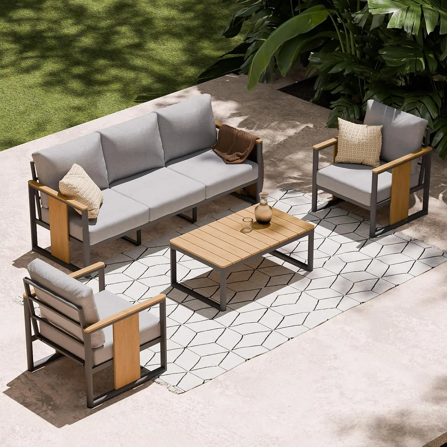 Aluminum Patio Sofa Set 4-Piece with Table, Washable Cushions, Conversation Set for Backyard Garden Porch Deck, Gray, Customized