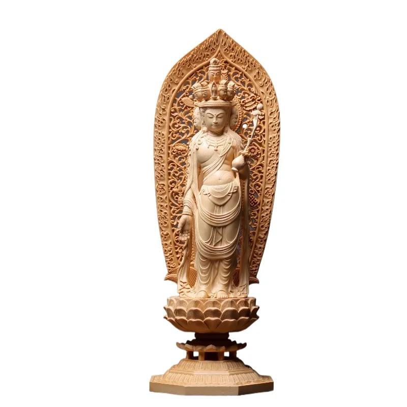 Hand-Carved Hinoki Wood Guan Yin Statue - 16.9