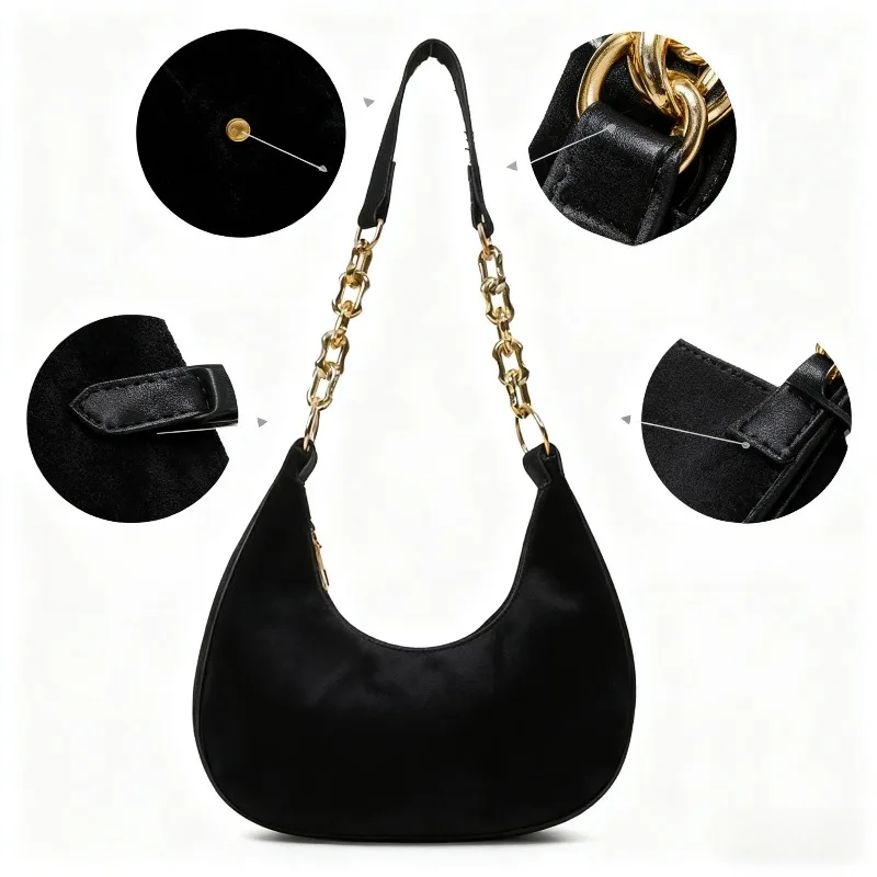 Suede Hobo Bag with Gold Chain Strap Women's Retro Crescent Shoulder Bag Fashionable Daily Handbag