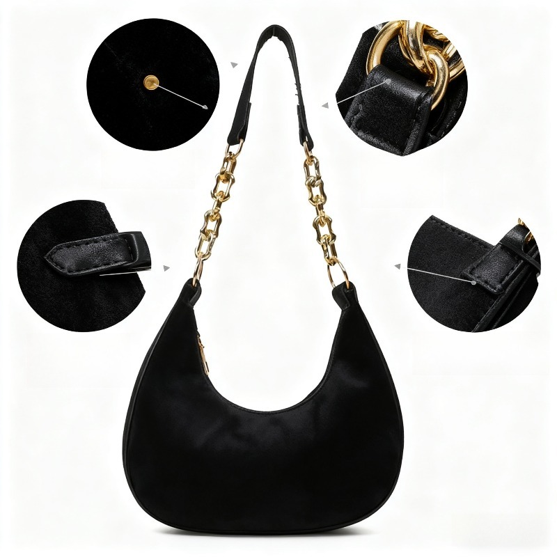  Suede Hobo Bag with Gold Chain Strap Women's Retro Crescent Shoulder Bag Fashionable Daily Handbag 