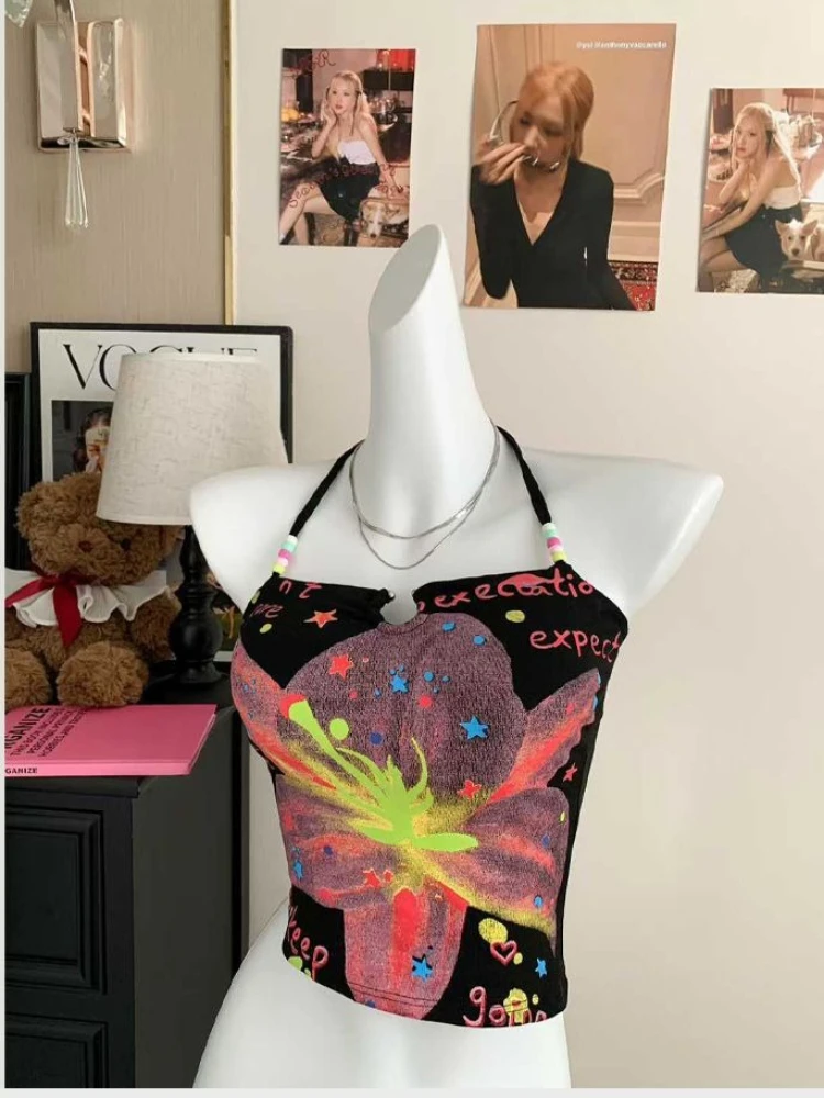 Y2K Kawaii Sexy Pink Floral Print Beaded Halter Backless Tie Up Slim Fit Cami Tops Women Girls Vacation Casual Wear Clubwear