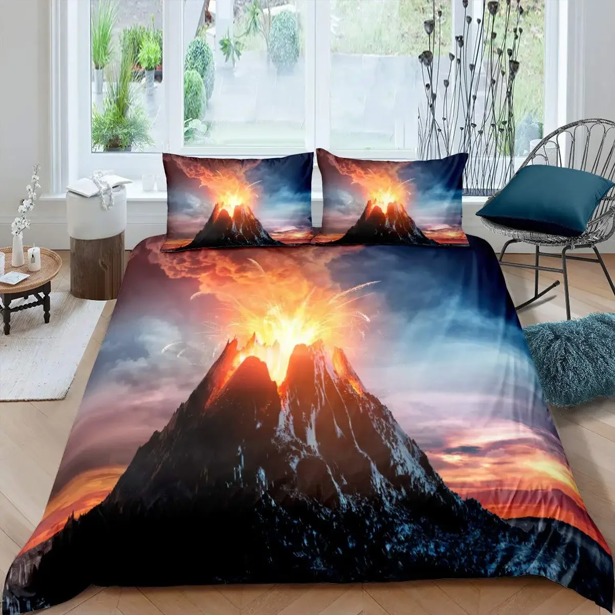 Volcano King Queen Duvet Cover Volcanic Eruption Bedding Set Fire Mountain Comforter Cover Natural Scenery Polyester Quilt Cover