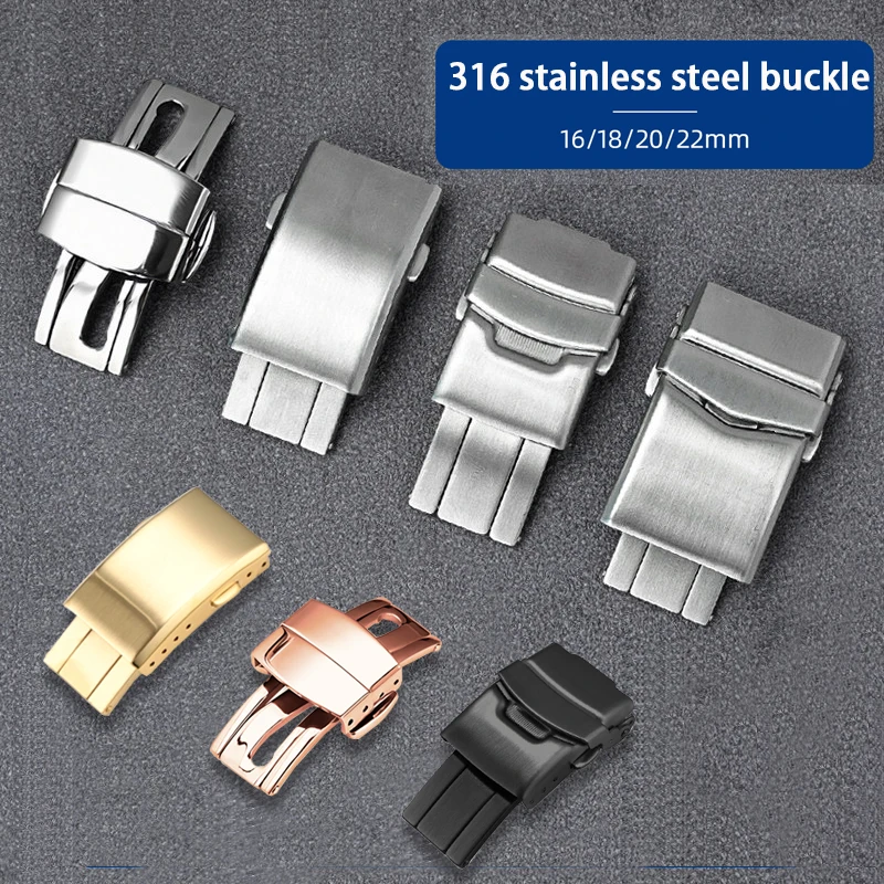 316L Solid Stainless Steel Watchband Folding Buckle 16mm 18mm 20mm 22mm Double Push Butterfly Safety Clasp Watch Accessories