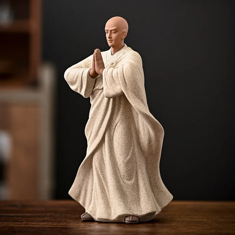 Chinese style purple clay monk statue ornament Zen inspired ceramic figure home tea table tea pet decoration landscape ornament