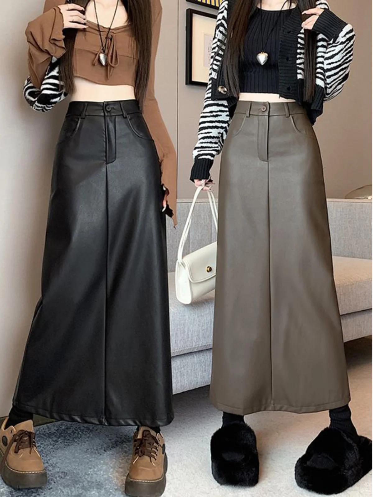 ارتفاع الخصر ألف خط تنورة بولي Leather جلد المرأة الخريف Faion التخسيس منتصف طول انقسام التنانير الكورية Sle تخفيف #1