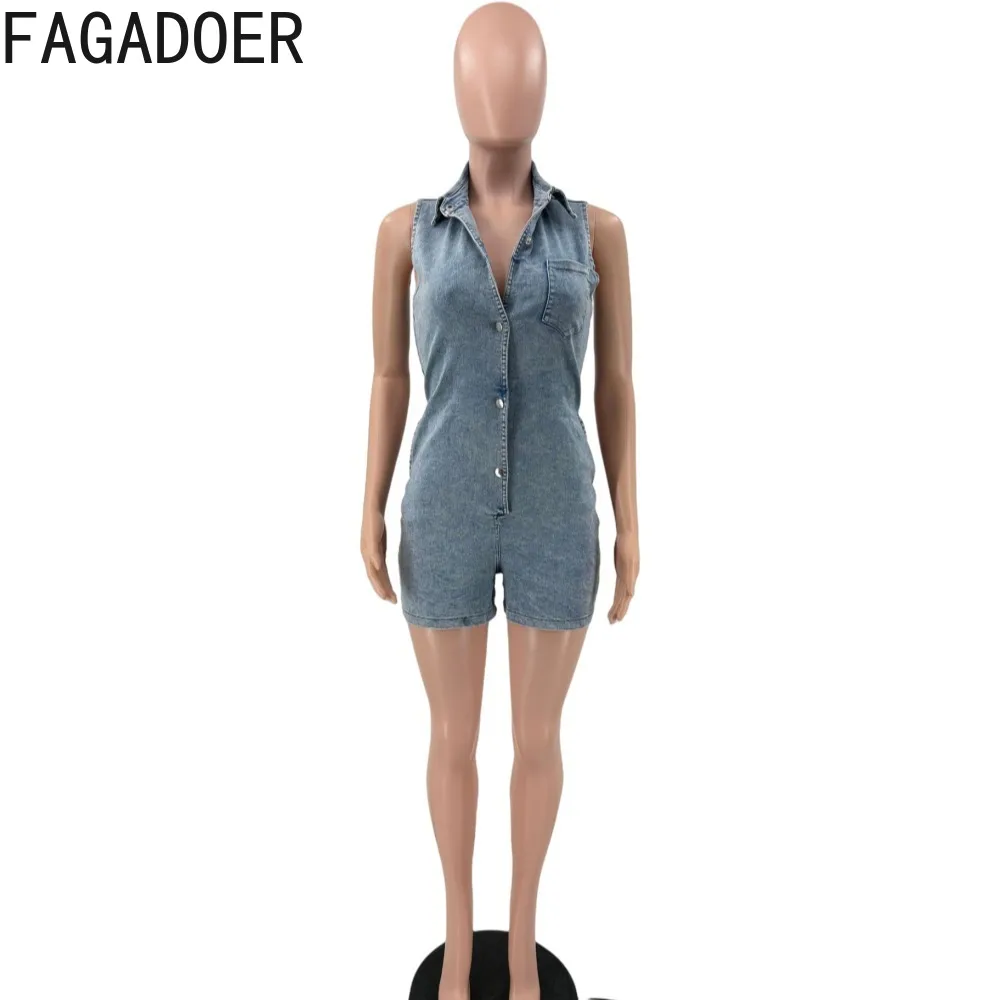 FAGADOER Blue Fashion Elasticity Solid Denim Rompers Women Turndown Collar Button Sleeveless Pocket Jumpsuits Female Overalls