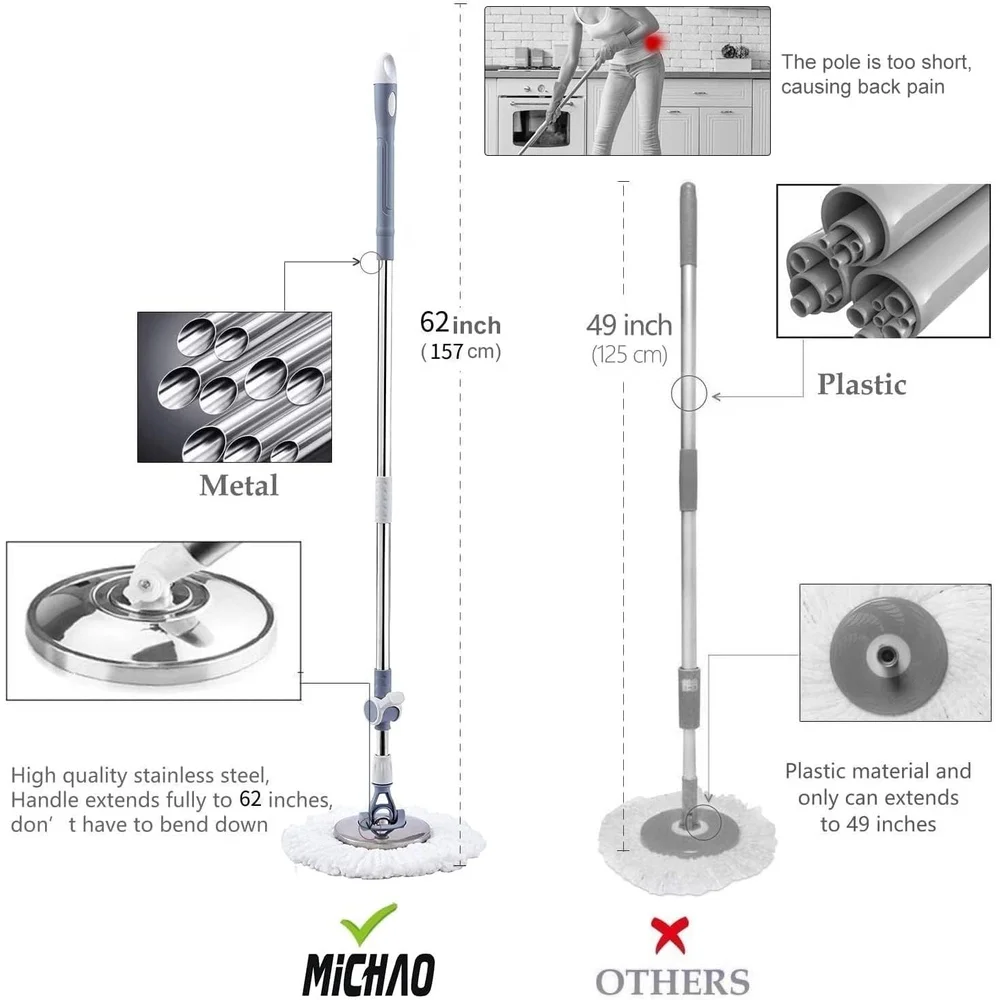 Deluxe 360 Spin Mop Bucket System with 6 Microfiber Replacement Heads 62in Adjusted Handle Durable Stainless Steel Design Easy