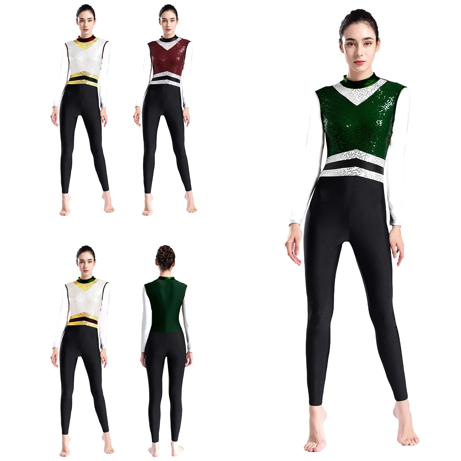 Womens Shiny Sequins Gymnastics Jumpsuit Long Sleeve Contrast Color Bodysuit Figure Skating Ballet Dance Performance Costume