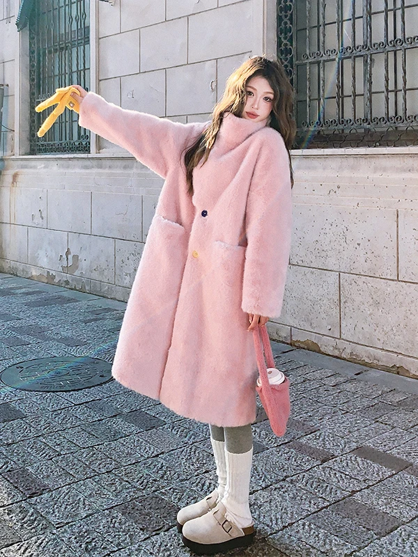 

Pink Warm Lamb Fur Coat Women's Mid-Length Autumn Winter New Sle Waterproof Mink Velvet Leather And Fur Inteated Jaet