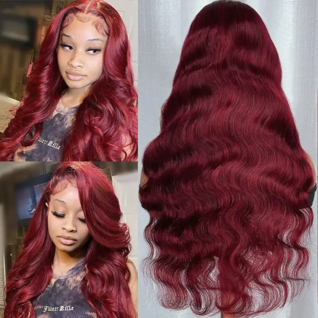 Perruque Lace Front Wig Body Wave Naturelle, Cheveux Humains, Couleur Bordeaux 99J, 13x4, 13x6, Pre-Plucked, Transparent, 30 Pouces, pour Femme