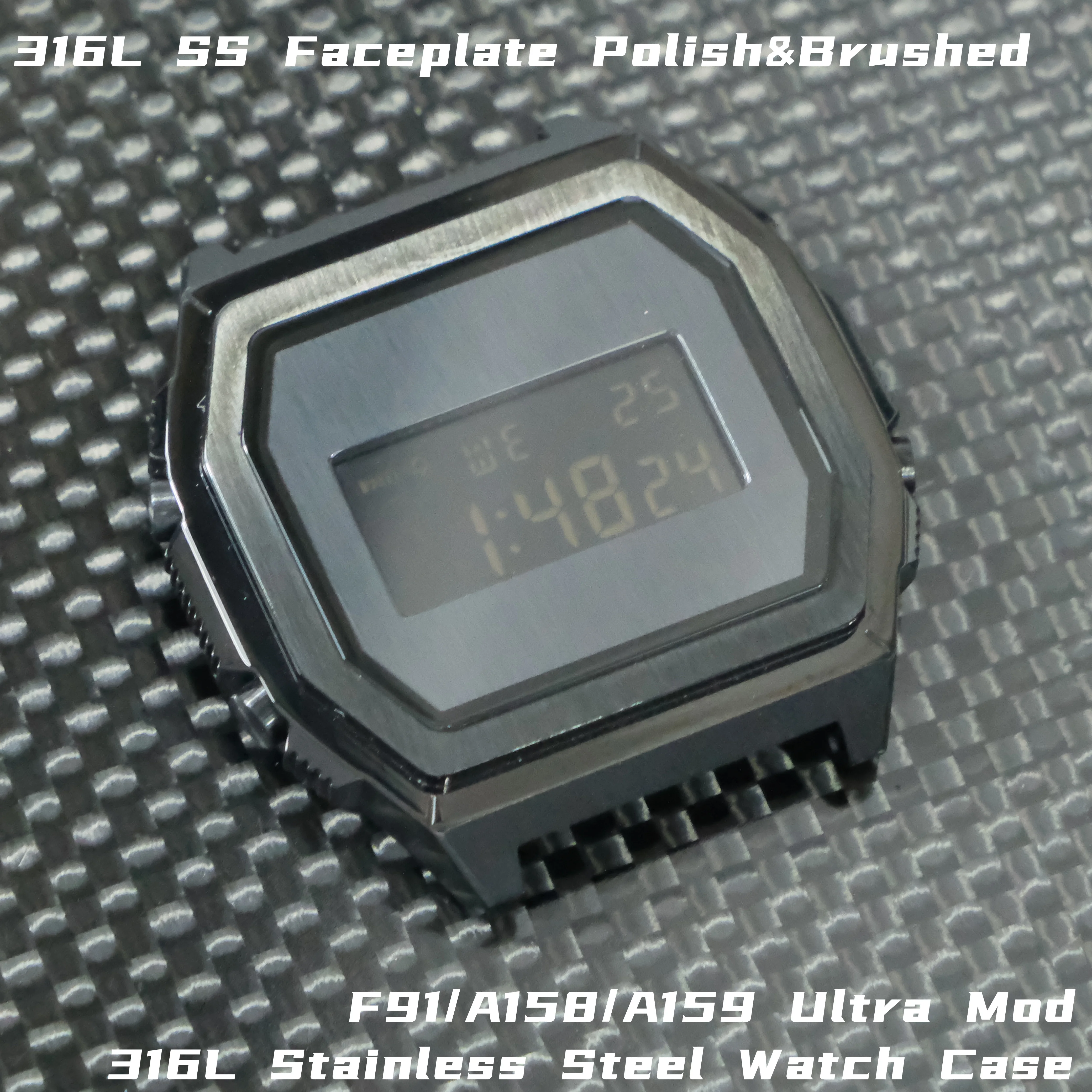 316LSS Faceplate Watch Case Compatible with CASIO F-91/A158/A159 Ultra Mod 316LSS K1 Mineral Polish Brush Dial Matte Case Kits