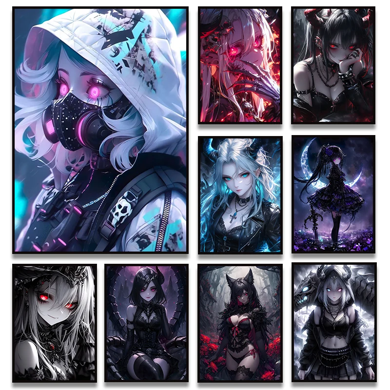 Fantasy Magical World Gothic Cool and Cute Character Aesthetics Anime Girl Canvas Painting Art for Wall Manga Game Room Decor