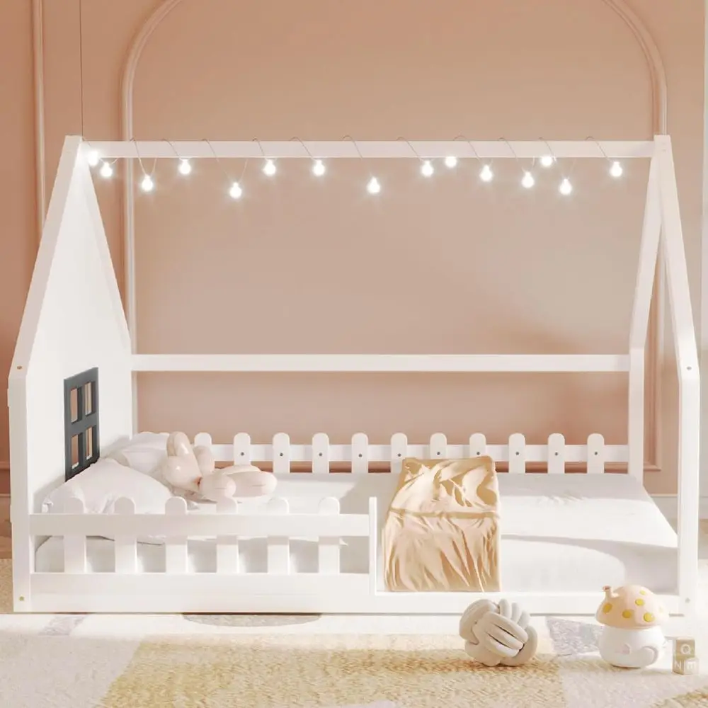 

Детская кровать-чердак Монтессори с LED-подсветкой, высокими бортиками и окном, дизайн в виде игровой площадки, простая сборка, белая