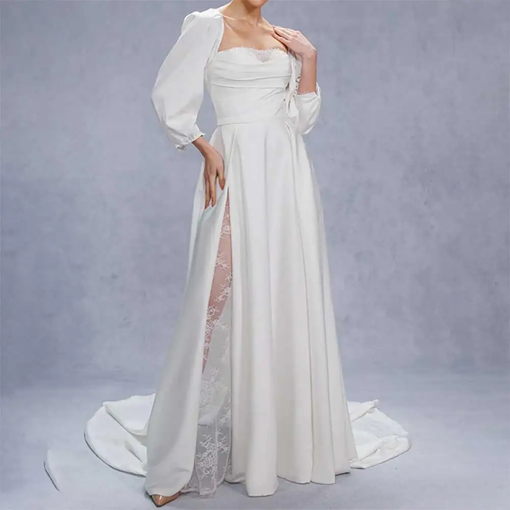 

Elegant Wedding Dress for Brides Square Neck 3/4 Sleeve A-Line Side Slit Pleated Open Back Design 2025 New Arrival Bride Gowns
