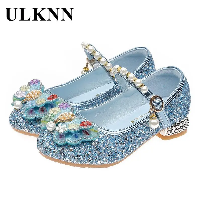 Children Dance Shoes Kid's Blue Bowknot Rhinestone Fashion Shoes Girl's Blue Princess  Sequins Non-skid Single Shoes