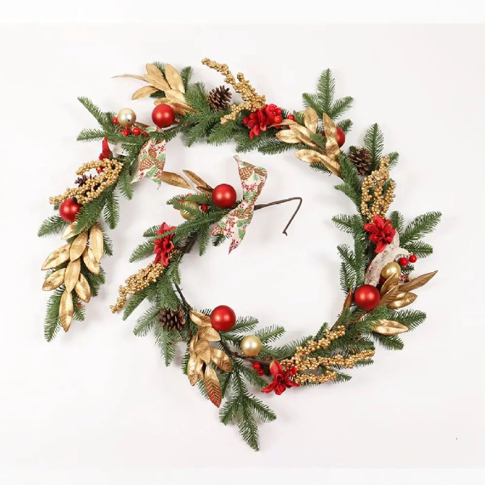 Holiday Christmas Wreath Red Gold Pine Needle Hanging Ornament For Staircase Door Wall Decoration Festive Supplies