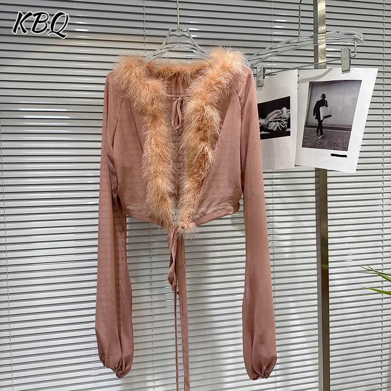 

KBQ Свободная блузка с однотонным сращенным перьями для женщин, свободная рубашка с v-образным вырезом и длинными рукавами, женская модная стильная новая осень