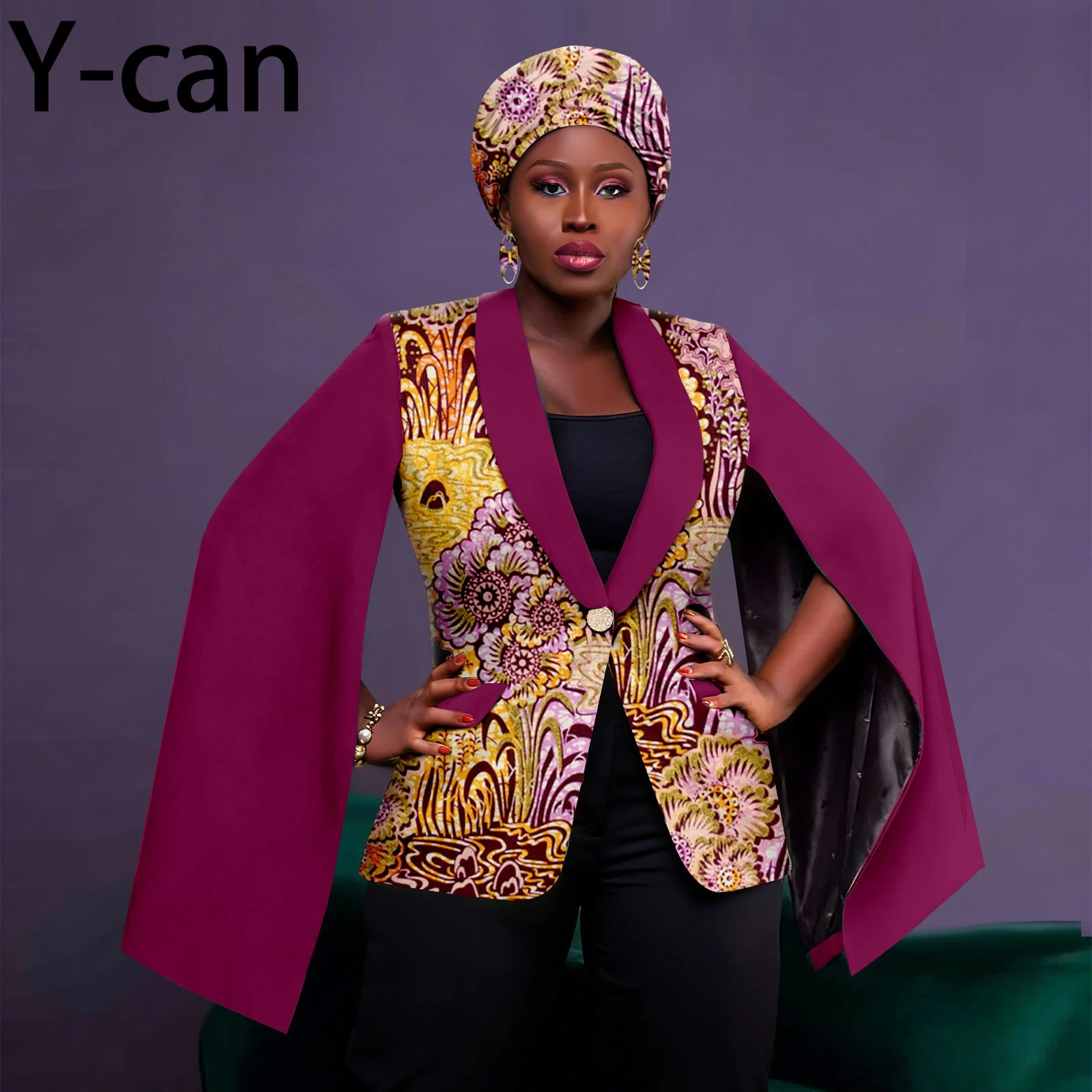 

African Woman Jacket Long Slit Sleeves Traditional Ankara Print Coat With Headscarf and Earrings Party Wedding Outfits 2626009