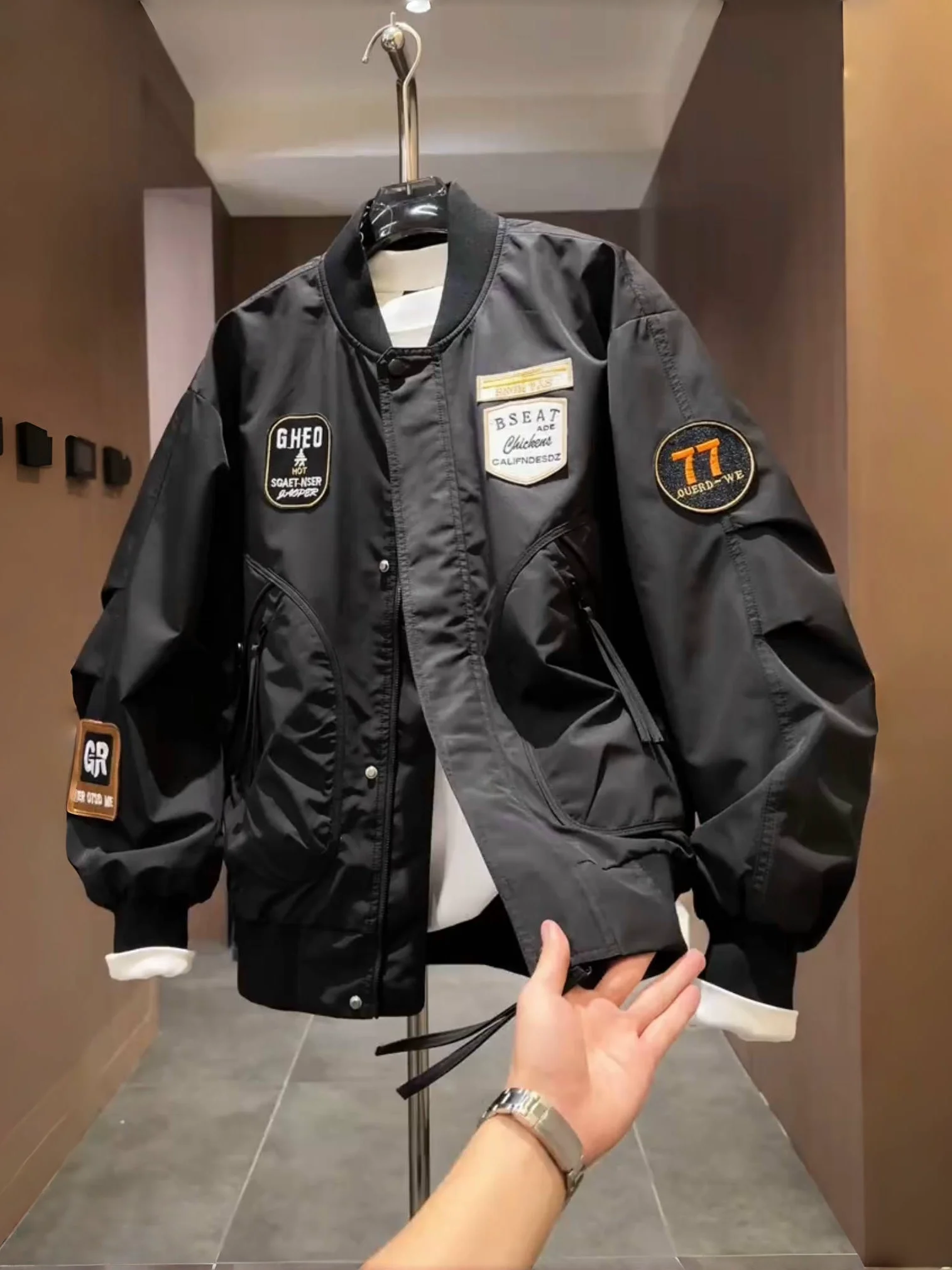 

Весенне-осеннее тяжелое мужское джето с вышивкой в американском стиле, повседневное универсальное пальто с бейсбольным воротником, нашивка с надписью для работы