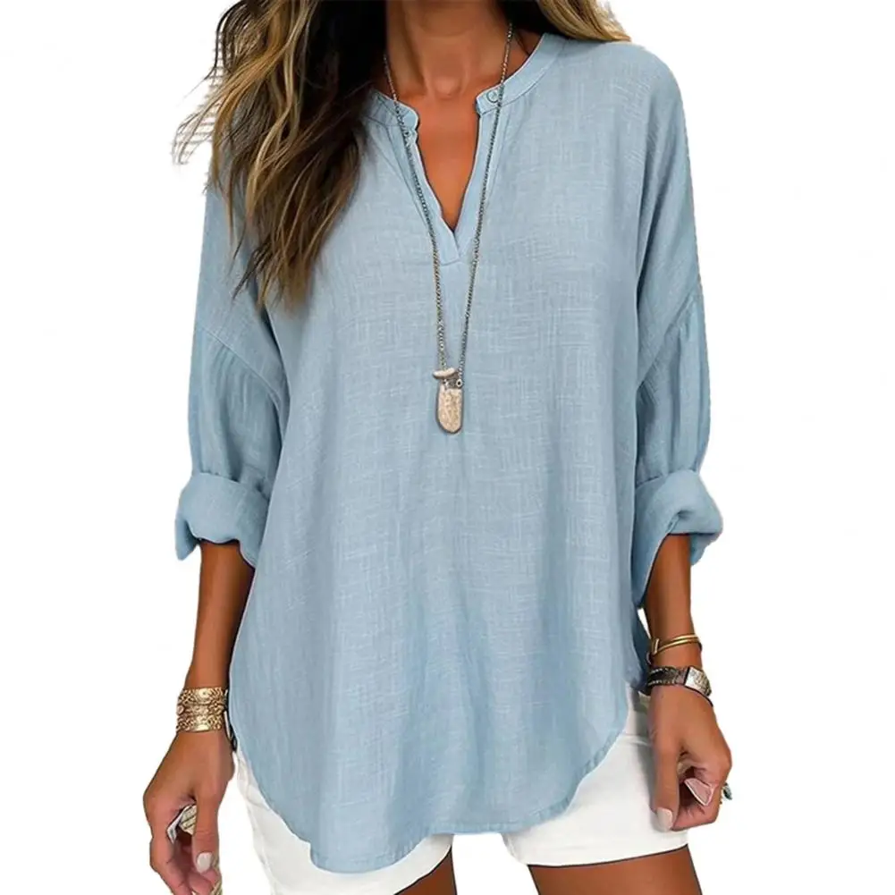 

Casual Loose V-neck Blusas Femme Women Cotton Long Shirt 2023 Autumn Elegant V-Neck Blouse Holiday 3/4 Sleeve Solid Tops