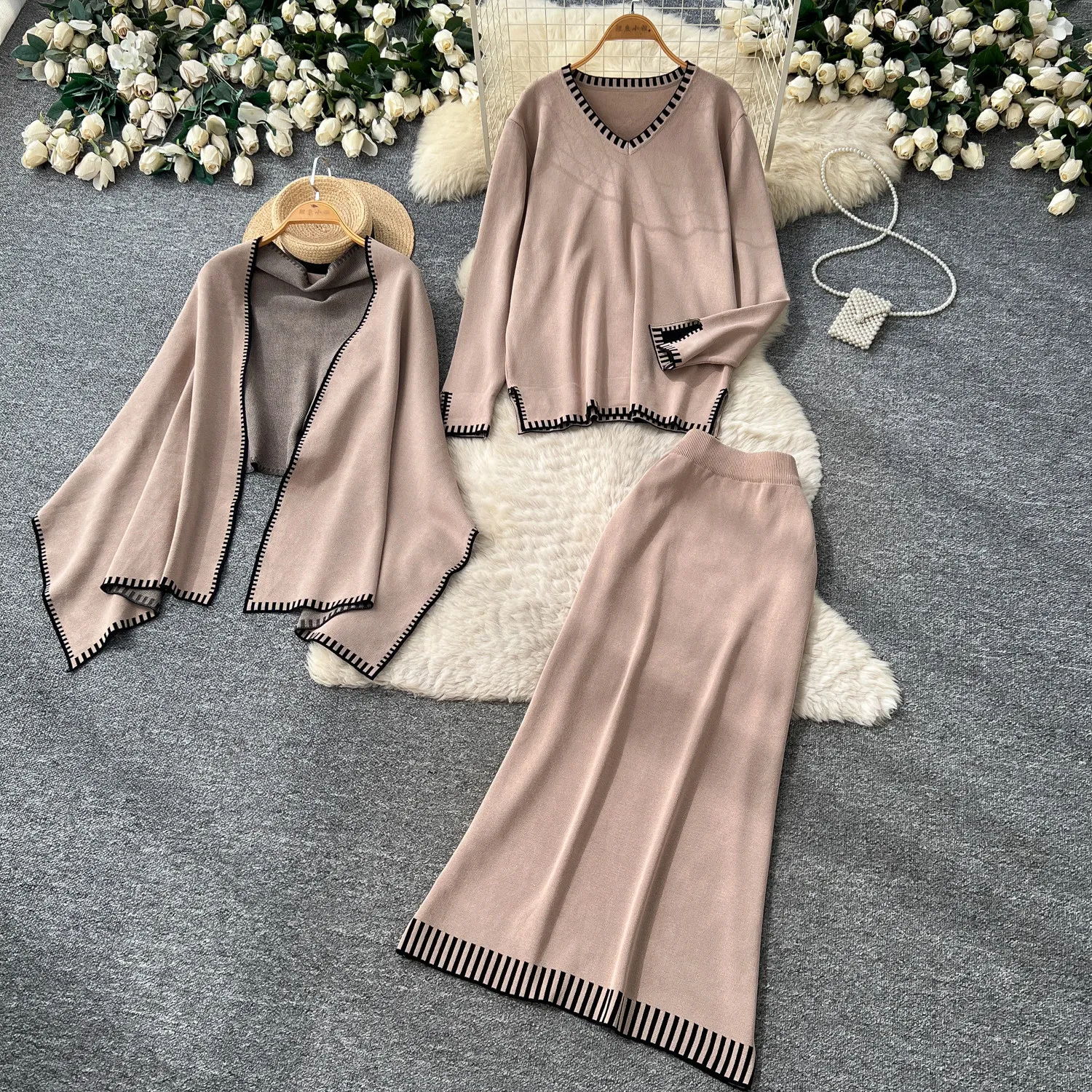 Women 3 Piece Sets Skirt Set Full Sleeve Tops Mid Length Coat Long Skirts A Line High Waist Y2k Streetwear Elegant Work Autumn