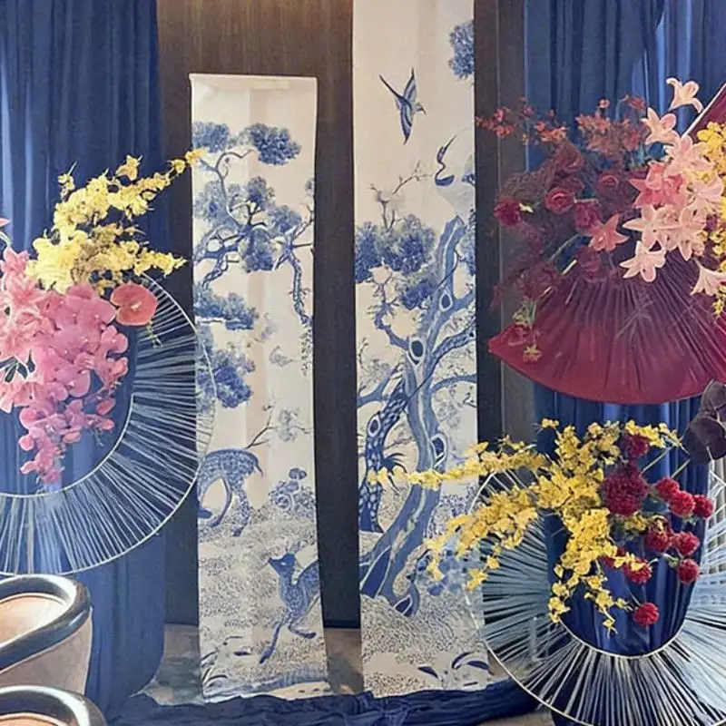 VIKAMA Ceiling Hanging Curtain Chinese Blue Ink Landscape Decorative Banner Restaurant Bar Cafe Wedding Home Decor