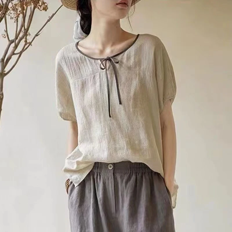 

Summer New Pure Cotton T-shirt Short Sleeved Vintage Round Neck Ethnic Style Frenulum Loose All-match Tops