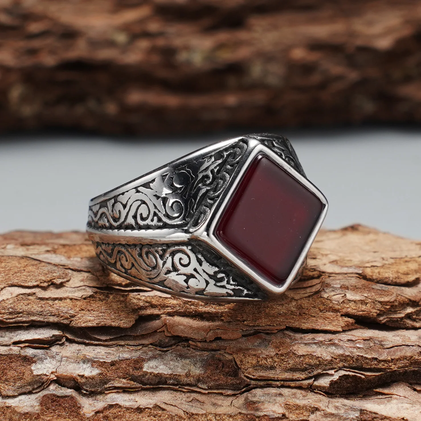Vintage Gravierter Rhombus-Achat Herrenring, 316L Edelstahl Trendiger Statement-Schmuck – Detail 8